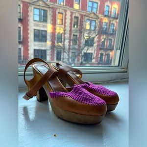 Brown leather purple woven platform clog